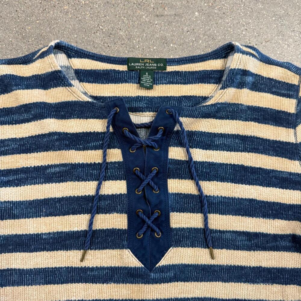 Vtg LRL Ralph Lauren Green Label Women's Long Sleeve Henley Drawstring Soft - S